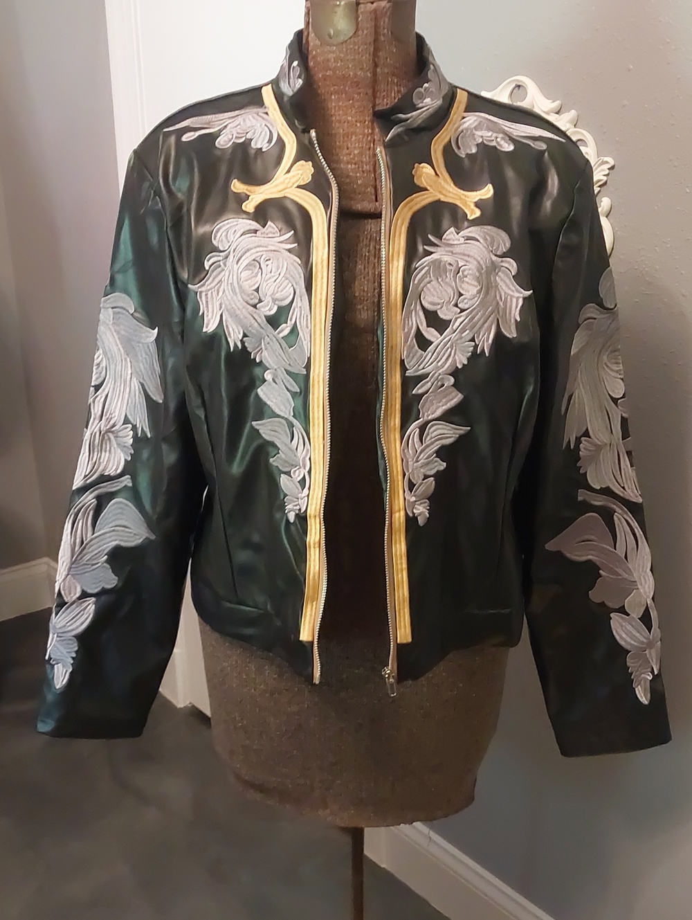 Black Faux Leather Jacket with Grey Embroidery and Gold Trim